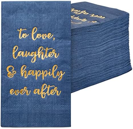 100 Csomag sötétkék Szalvétát Esküvői Fogadás, Arany Fólia, A Szeretet, a Nevetés pedig Boldogan (3 Rétegű,