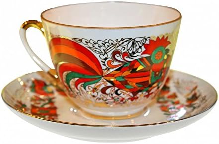 Lomonoszov Porcelán Teás Készlet 2db Csészét Tavaszi Vörös Kakas 7.8 oz/230 ml