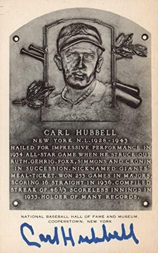 Carl Hubbell Aláírt Fekete-Fehér HOF Emléktábla Képeslapot SZÖVETSÉG COA - MLB Vágott Aláírás