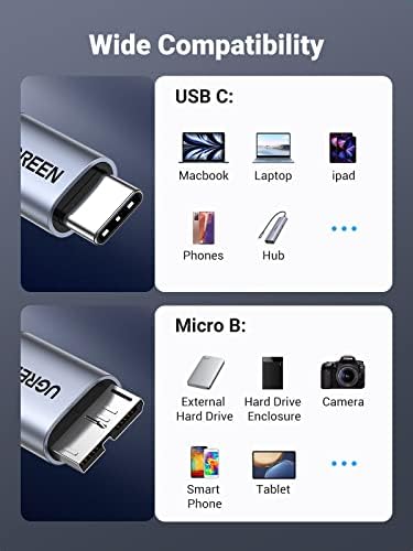 UGREEN Mikro-B USB-C Merevlemez-Meghajtó Kábeleket 10 Gbps, 1.5 FT USB-C-Micro B, USB C Külső Merevlemez