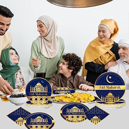 96PCS Ramadan Mubarak Asztali Készlet EID Mubarak Party Kellékek-Kék Arany Eldobható Eid Papír Tányérok,