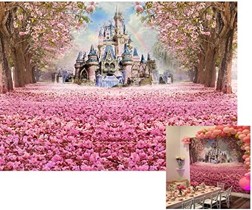 7x5ft Baba Zuhany Szülinapi Fotózás Háttérben - Rózsaszín cseresznyevirág Kastély Háttér - HUAYI Baba