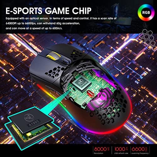 Yoidesu Vezetékes Gaming Egér,8000 DPI Optikai Érzékelő,Ultra Könnyű RGB Háttérvilágítású, Ergonomikus