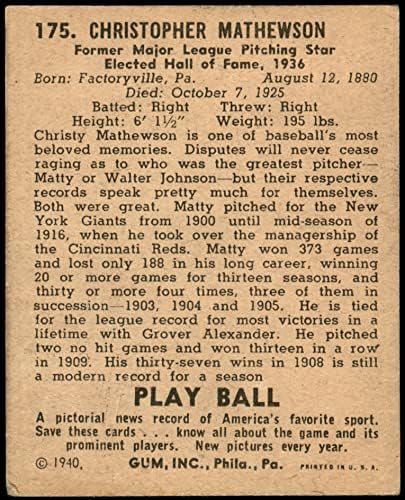 1940-ben Játszani 175 Christy Mathewson New York Giants (Baseball Kártya) VG Óriások