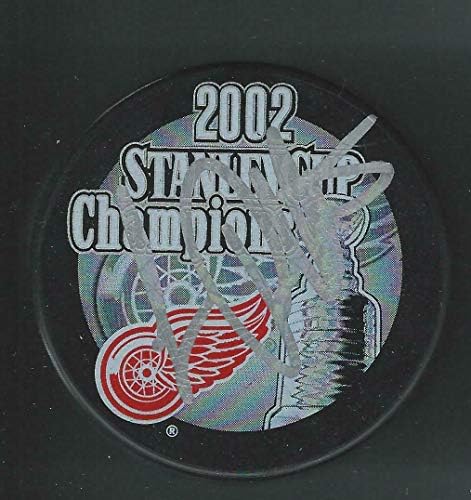 Luc Robitaille Aláírt Detroit Red Wings 2002-Ben Stanley-Kupa Bajnokok Korong Ezüst - Dedikált NHL Korong