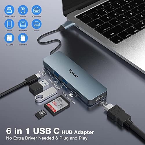 Hub USB-C, Tymyp 6 az 1-ben USB-C Hub 4K HDMI 2 USB 3.0, 100W PD Port, SD/TF Kártya Foglalat, Kicsi, Hordozható