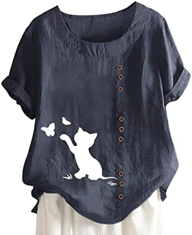 Női Pamut Ágynemű Blúz 2023 Divat Nyomtatás Pólók Női Alkalmi Rövid Ujjú Tshirt Vintage Sleeve Tee Maximum