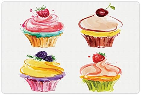 Ambesonne Cupcake Pet-Mat az Étel, a Víz, a Pasztell Tónusú Akvarell Pékség Áruk Finom Friss Gyümölcs