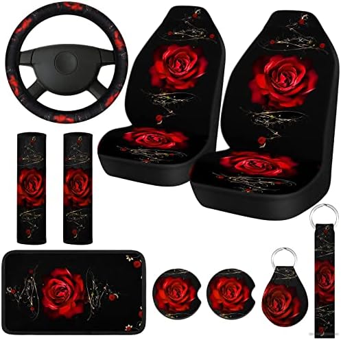 Tallew 10 Db Piros Rózsa autósülés Teljes Készlet a Nők Art Virág Ülés Fedél Gumi Kormánykerék-Fedezze