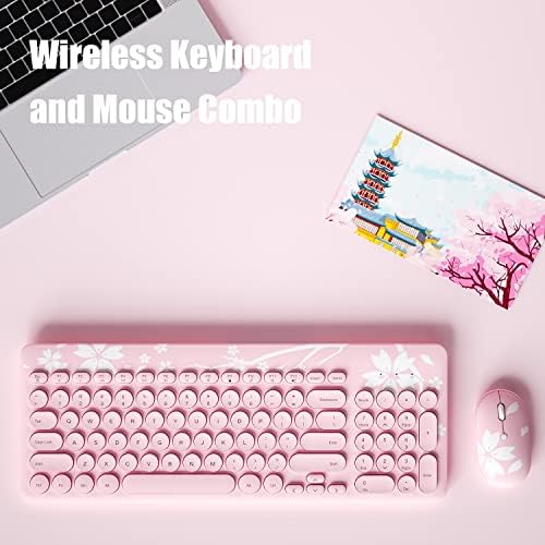 Mytrix Aranyos Sakura Rózsaszín Vezeték nélküli Billentyűzet-Egér Kombó, Retro Típus-Író Kulcsok, 2.4
