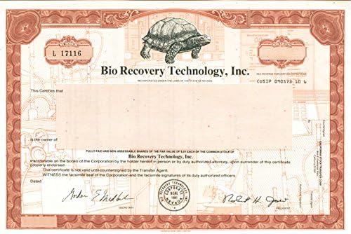 Bio Helyreállítási Technology, Inc - Raktáron Bizonyítvány