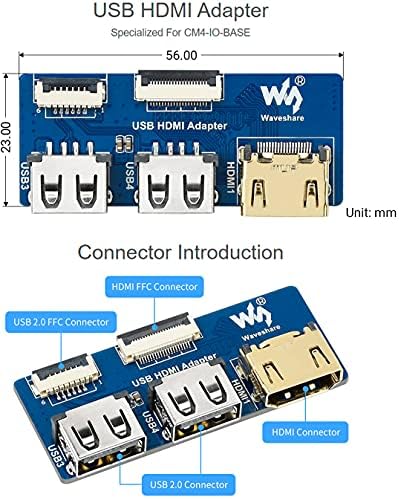 waveshare USB-HDMI Adaptert, CM4-IO-BÁZIS, USB 2.0-HDMI Átalakító, 2 USB 2.0 Port, 1 HDMI Port, 1 USB
