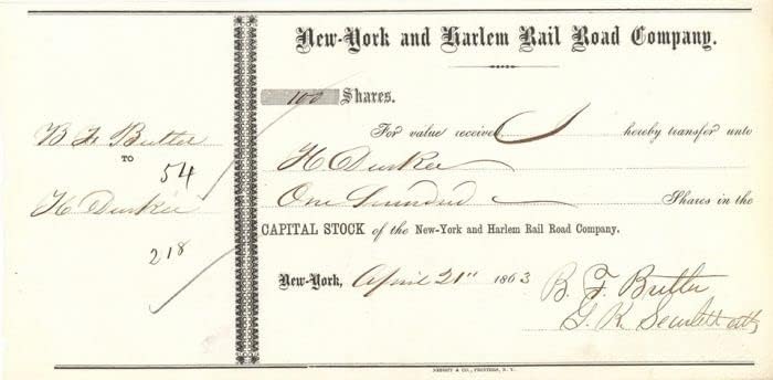 New York-i Harlemben Vasút Zrt. Át Benj. Butler - Dedikált Vasúti Részvényeket, Kötvényeket