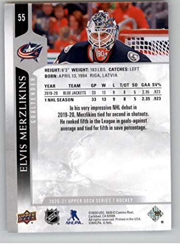 2020-21 Felső szint 55 Elvis Merzlikins Columbus Blue Jackets NHL Jégkorong Trading Card