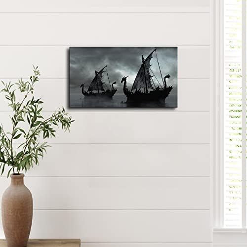 Skandináv Dekoráció Fekete-Fehér Festés Viking Hajó Mű Fantasy Vitorlás Poszter Díszítő Festés Vászon