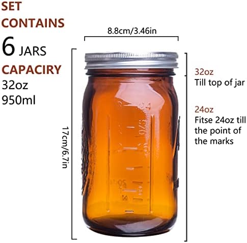 eleganttime Amber Üveg befőttes üveg 32 oz Széles Száj, Légmentesen záródó Fedő, illetve Zenekarok 6 Pack